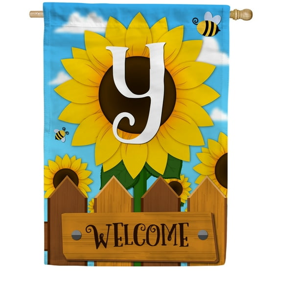America Forever Spring Monogram House Flag Letter Y 28 X 40 inches Double Sided Vertical Outdoor, Yard, Lawn, Beautiful Bright Sunlowers, Floral Design, Honeybee, Summer Welcome House Flag