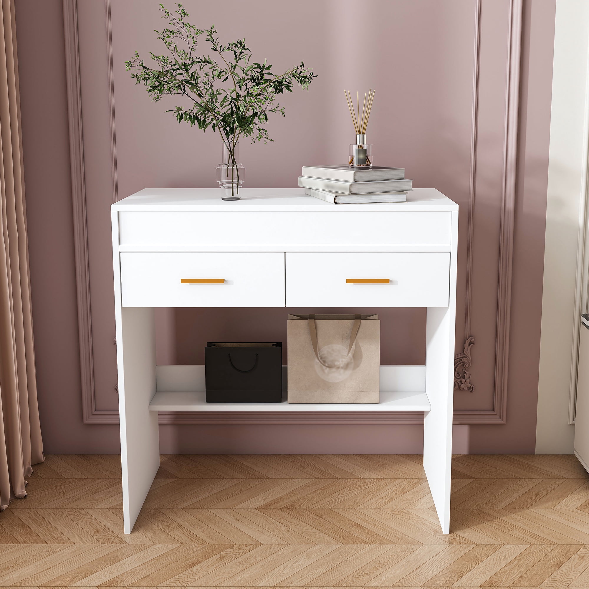 Leumius Makeup Vanity Desk with Mirror and Lights,Flip Top Dressing Table with 2 Drawers & Adjustable 3 Color Lighting Brightness for Bedroom Storage Cabinet,White
