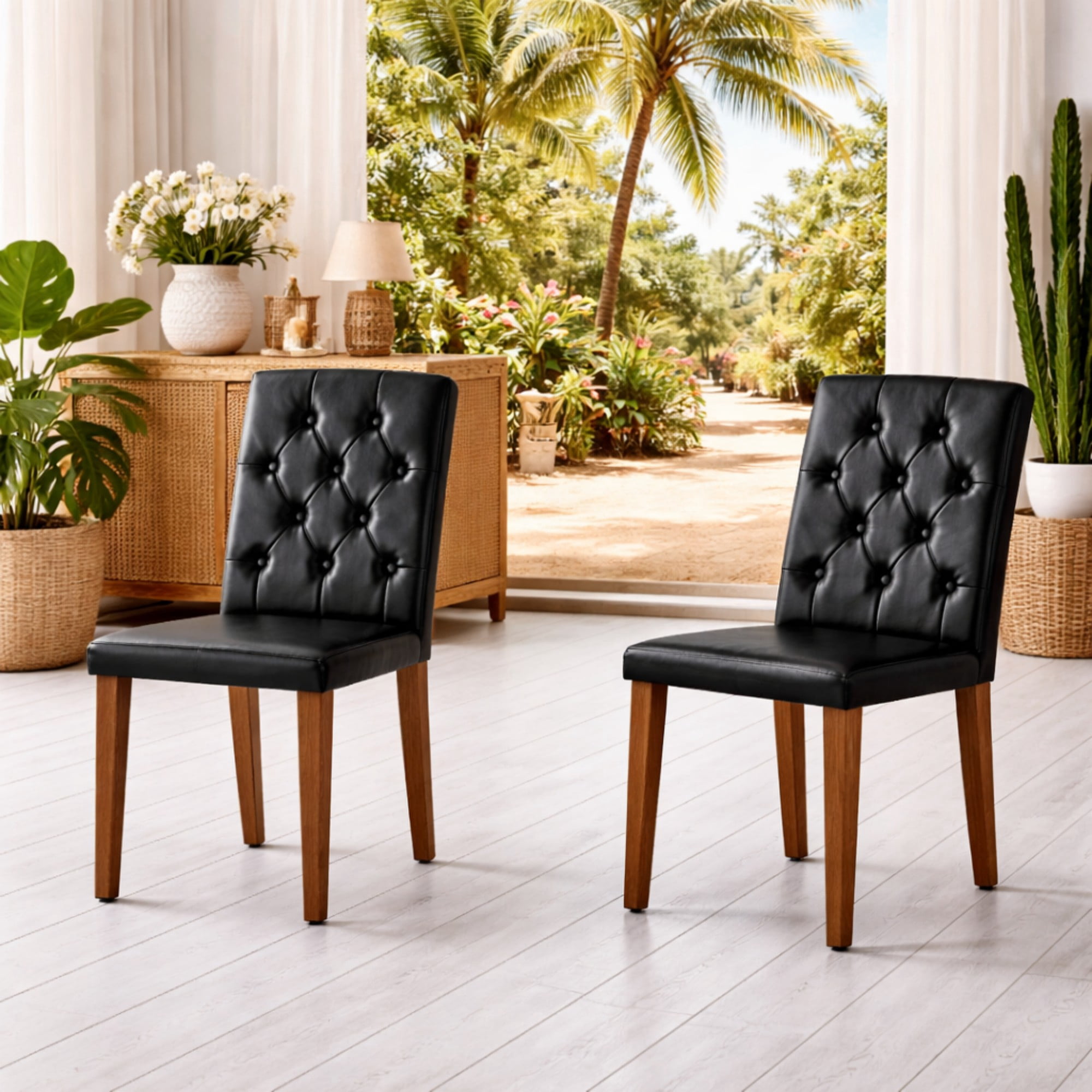 TesNus Dining Chairs Set of 2, 35" Height Black PU Leather Tufted Back Upholstered Chairs with Walnut Metal Legs for Dining Room Kitchen
