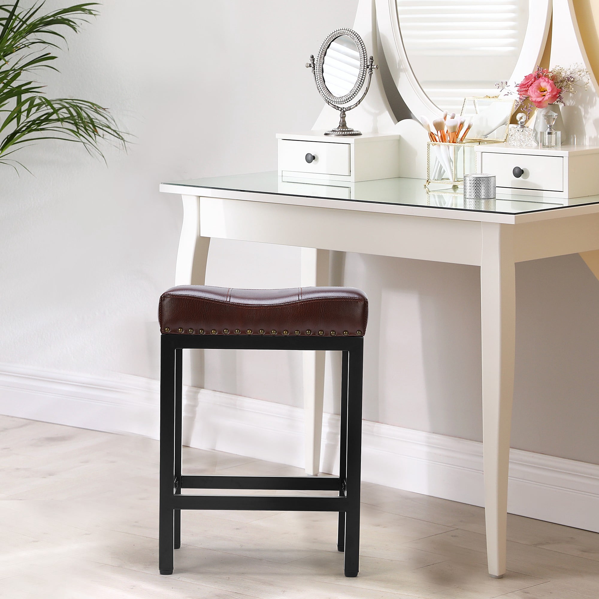 CONCETTA Set of 2 Bar Stools - 24in Counter Height, Metal Base & PU Leather Seats, Black