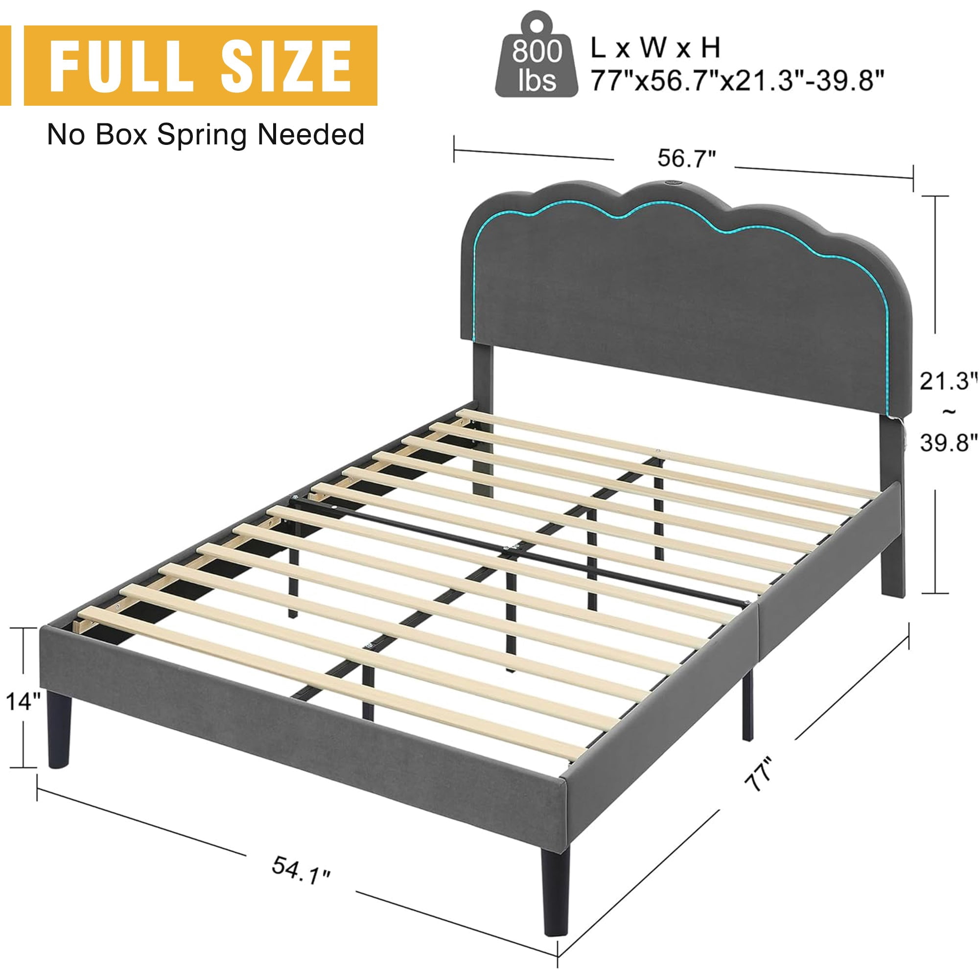 VECELO LED Bed Frame, Full Size Upholstered Platform Bed Frame with Adjustable Charging Station Headboard, No Box Spring Needed, Easy Assembly, Gray