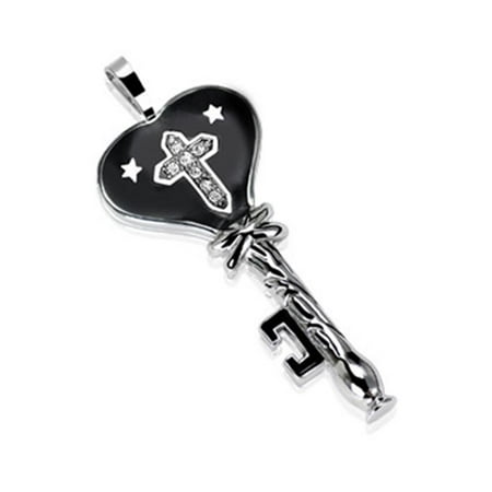 - 316L Stainless Steel Heart Key Pendant With 2 Stars & CZ Gemmed Cross In Middle