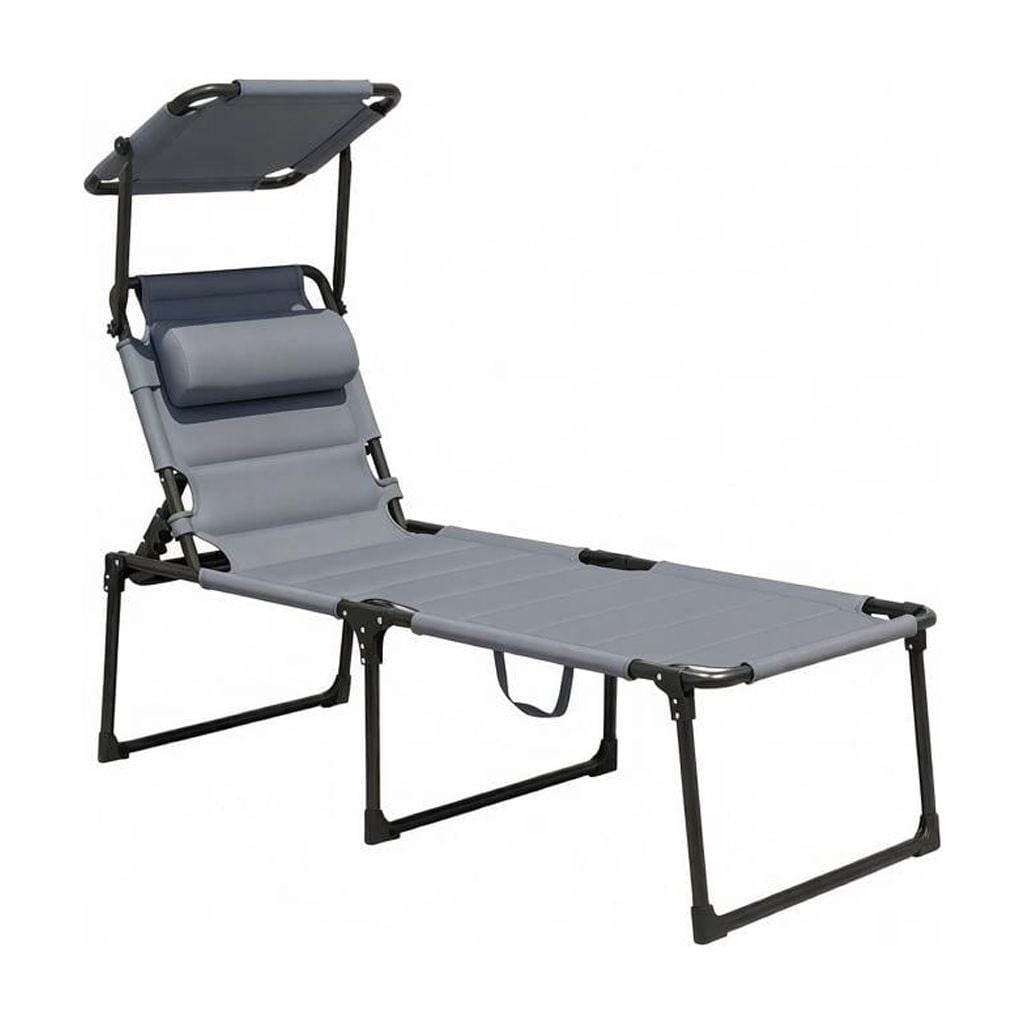 Foldable Outdoor Reclining Sun Lounger with Adjustable Sun Canopy, 4-Position Backrest Patio Chaise Lounge with Washable Pillow, 264 LBS Capacity Steel Frame