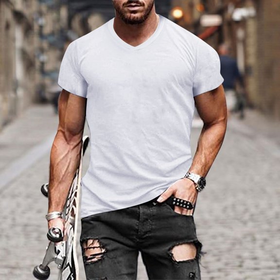 Men T Shirts European Solid V Neck Pullover Casual Sports Short Sleeved Undershirt, XL, White