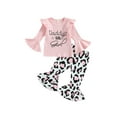 thumbnail image 1 of Kmbangi Toddler Girl Fall Clothes Letter Print Long Sleeve Crewneck Ribbed Tops Flare Pants Set 2Pcs Outfit, 1 of 9