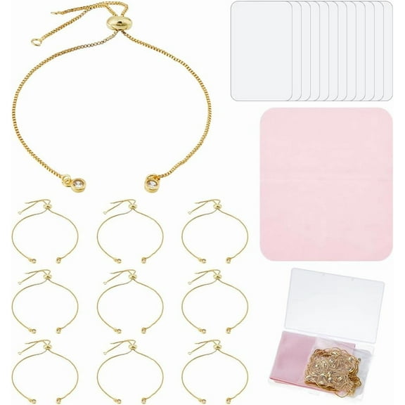 Adjustable Slider Bracelet Bulk Including 12Pcs Brass Jewelry Chain and 12Pcs Paper Blank Message Card 9-7/8 Inch Golden Extender Chains with Cubic Zirconia End for Jewelry Making