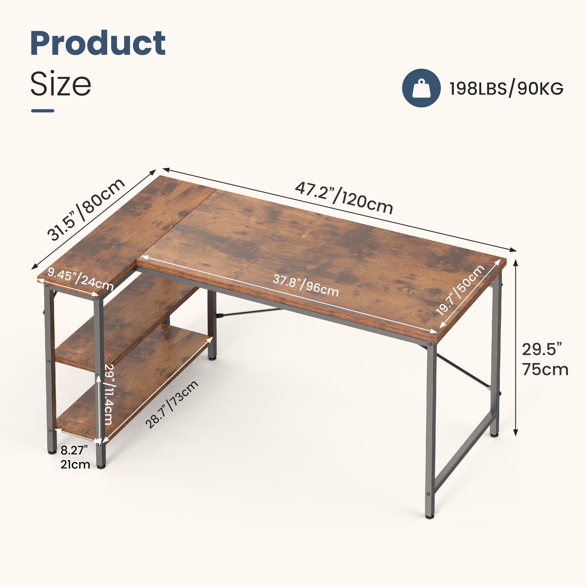 EDX L Shaped Computer Desk, 47 Inch Corner Desk Gaming Table Writing Study Workstation for Home Office, Rust