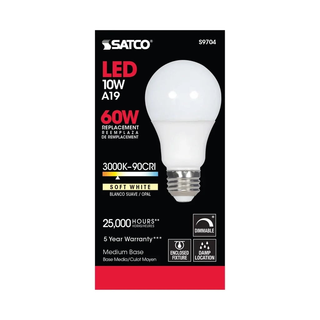 Satco S9704 A19 LED Light Bulbs 10W 120V 90CRI 3000K E26 Medium Base Dimmable (6 Pack)