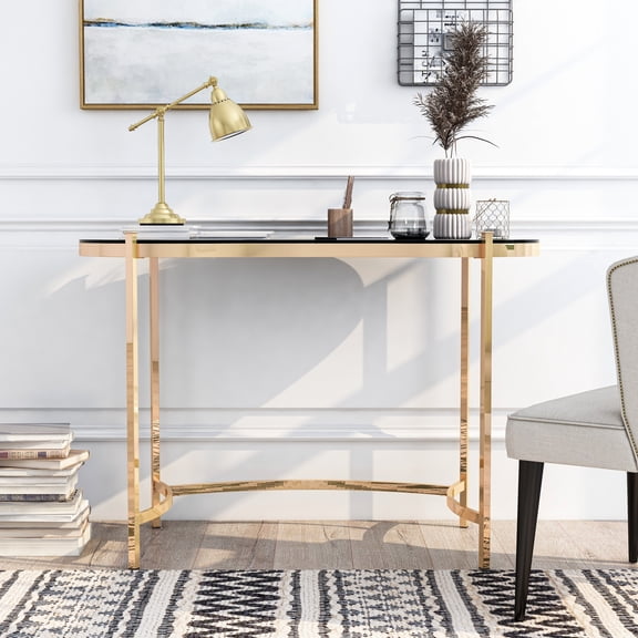Allade Curved Edges Glass Top Desk, Gold Plating and Black