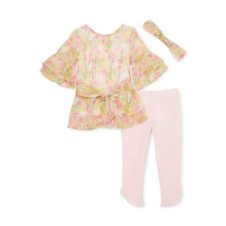 Forever Me Girls 4-6X Floral Ruffle Sleeve Bow Front Blouse and Ruffled Leggings, 2-Piece Outfit Set