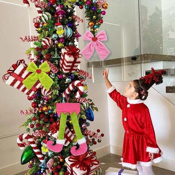 Christmas Elf Leg Car Decoration, 3 Pack Pink And Green Bow Ornaments Decor, Xmas Bow For Wreath, Holiday Lndoor Elf Legs Plush Hanging Decor, Christmas Tree Ornaments Decor