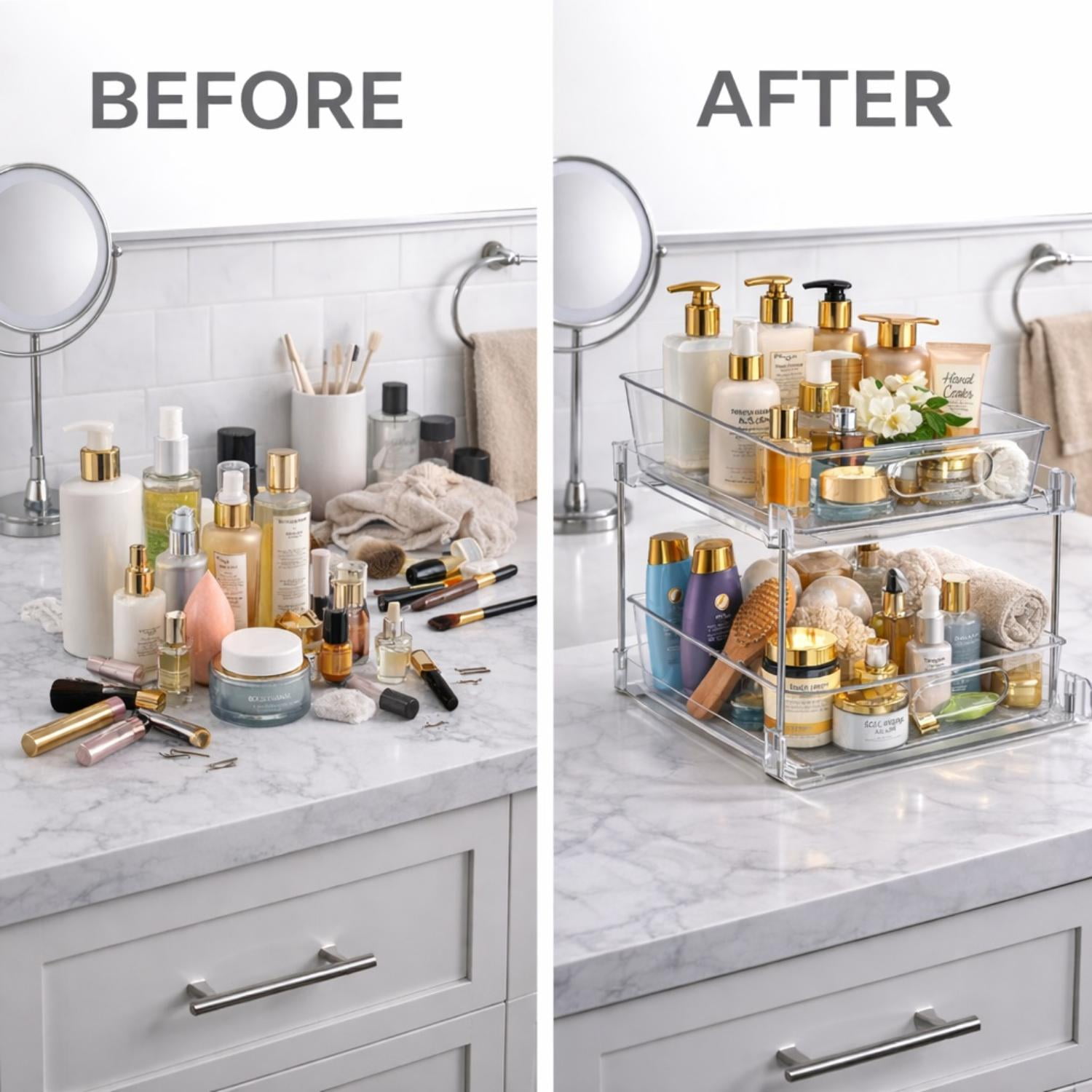 Sorbus Clear 2-Tier Pull-Out Organizer Set, 2-Pack Storage Drawers for Makeup and Skincare