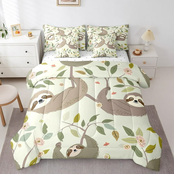 Sloth 7 Piece Comforter Set Full Bed in a Bag,Cute Animals Sheet Set with Comforter,Plant Leaves Bedding Sets,Botanical Tree Branches Bed Set Leaf Floral Room Decor