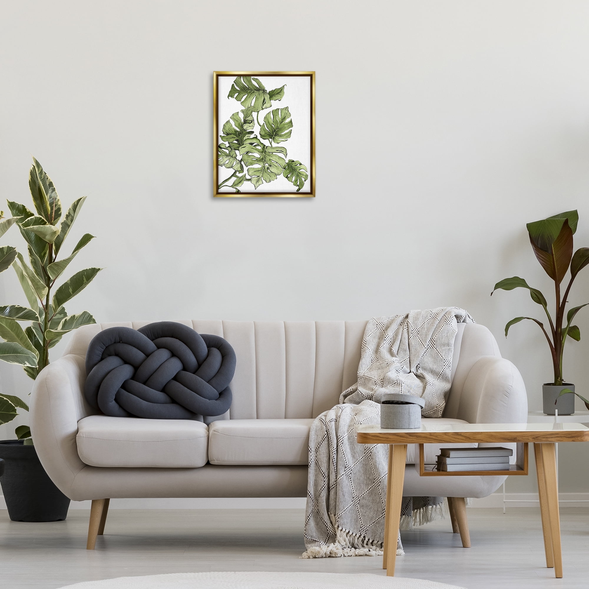 Stupell Industries Falling Monstera Leaves Botanical & Floral Painting Gold Floater Framed Art Print Wall Art, 17 x 21