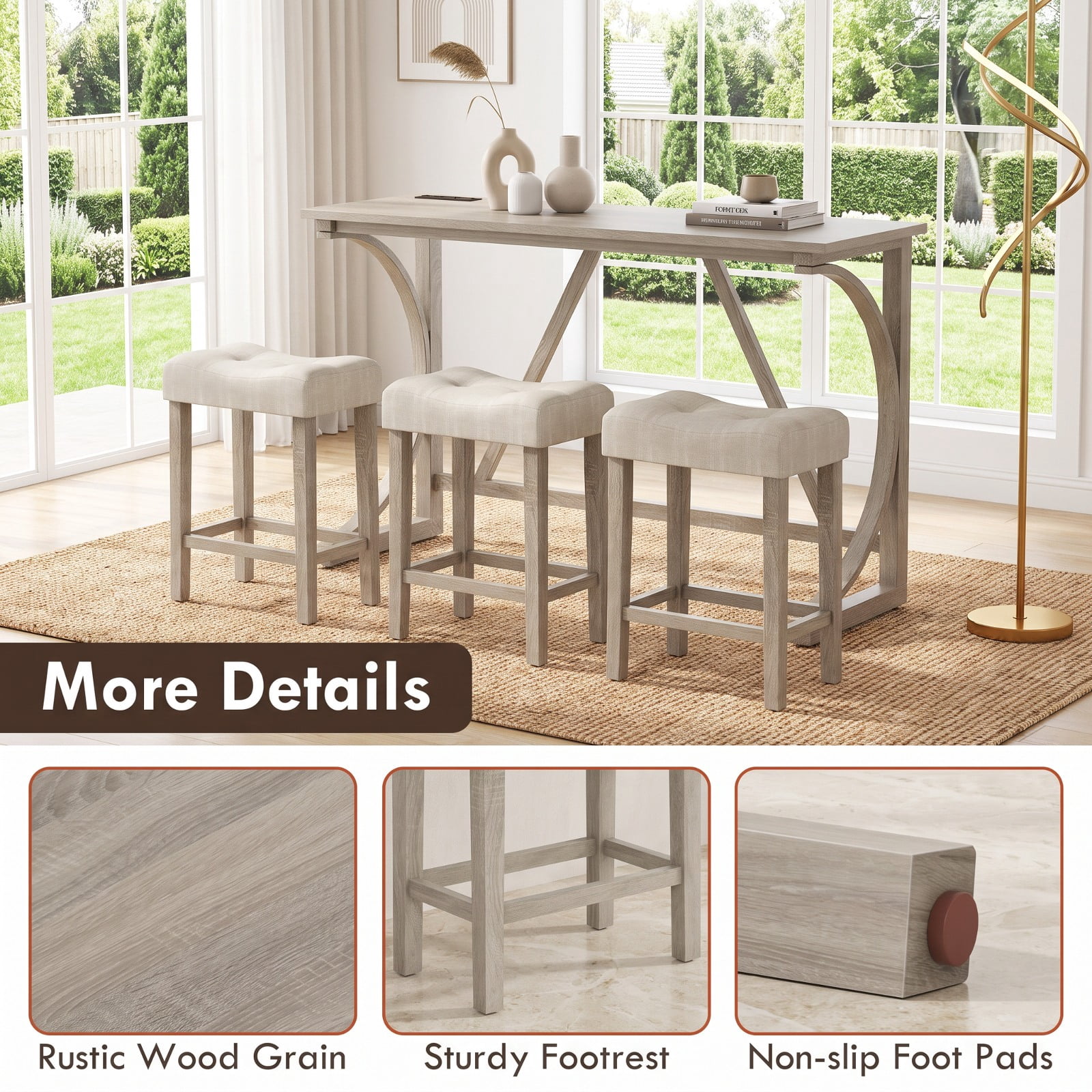 Furnibear 4-Piece Bar Table Set with Power Outlet and Upholstered Saddle Seat Stools-Grey and Beige for Kitchen Dining Room Breakfast Nook Home, Gray