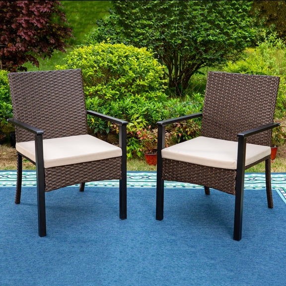 MF Studio Set of 2 Outdoor Patio Wicker Chairs with Cushions, Steel & Rattan, Black & Brown