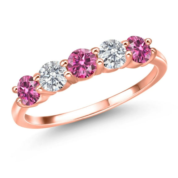 Gem Stone King 18K Rose Gold Plated Silver Band Ring Round Pink Moissanite and Lab Grown Diamond G/H (1.23 Cttw, Size 6)