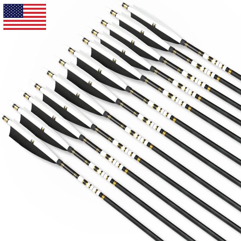 PMZ Mixed Carbon Arrows 31.5 Spine 500 Turkey Feathers 12-Pack for 30-50lbs Bow