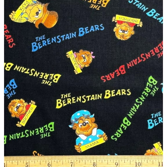 1 Fat Quarter - Berenstain Bears Family on Black Cotton Fabric - 18" X 21"