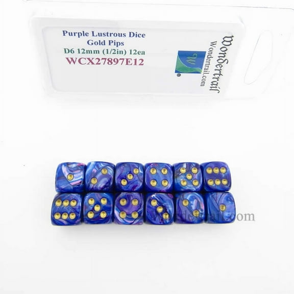 Purple Lustrous Dice with Gold Pips 12mm (1/2in) D6 Pack of 12 Wondertrail