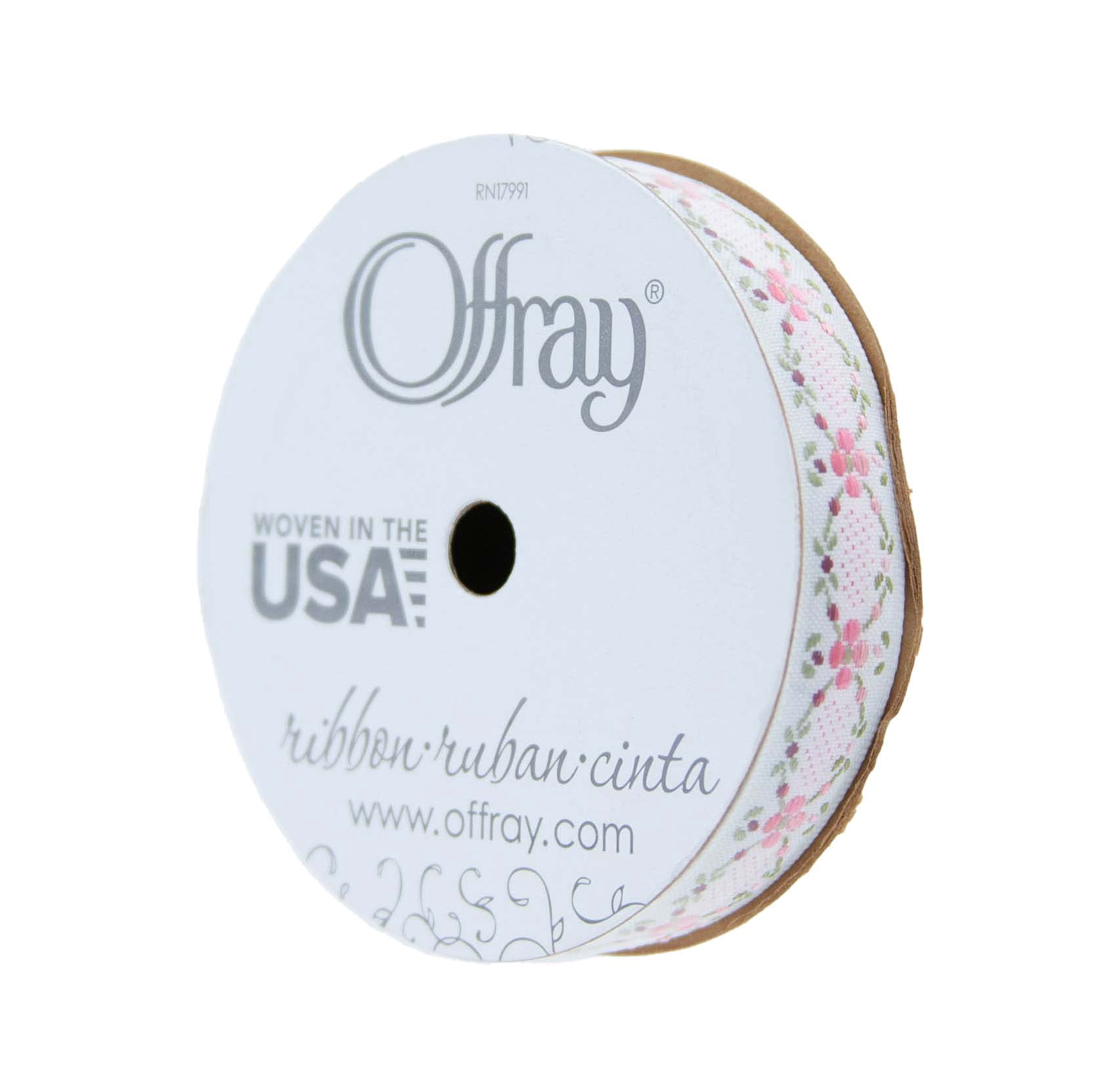 Offray Ribbon, White 5/8 inch Rose Jacquard Ribbon, 9 feet
