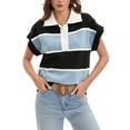 thumbnail image 1 of ATHLECHIC Suéter sin mangas casual para mujer, con cuello en V, botones, de rayas, suéteres cortos y sueltos, M Negro Azul, 1 of 5
