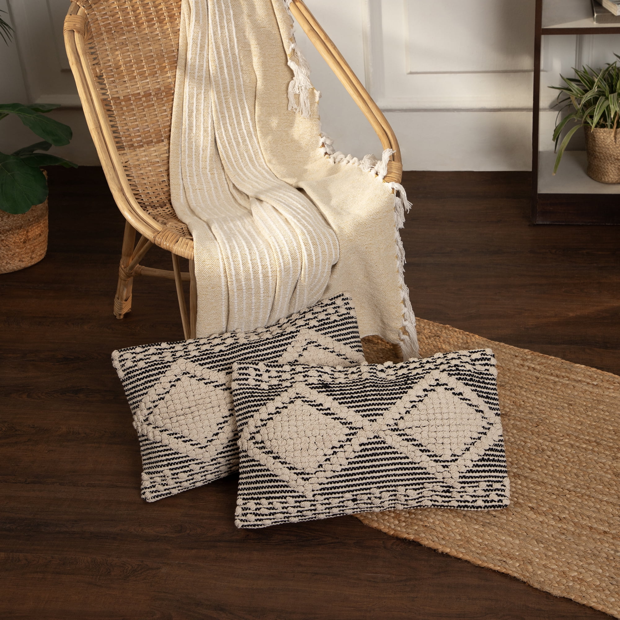 · REDEARTH · Boho Textured Throw Pillow Cushion Covers- Lumbar Woven Tufted Decorative Farmhouse Cases Set for Couch, Sofa, Bed, Chair, Dining, Patio, Outdoor; 100% Cotton (12"x20", Gray) Pack of 2