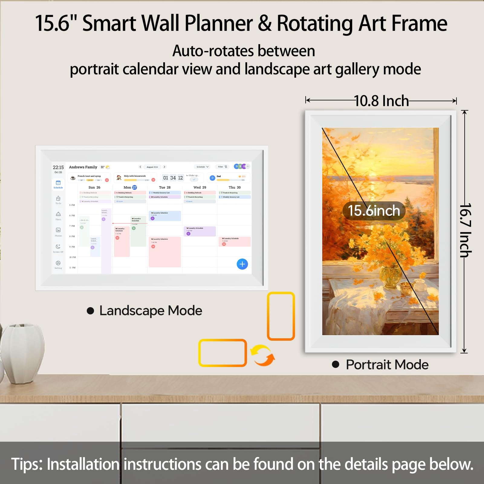KissRabbit Digital Calendar, 15.6 Inch Wall Planner Electronic Calendar & Chore Chart, Smart Touchscreen for Family Schedules, Organizing Your Routines, Wall & Desk Mountable