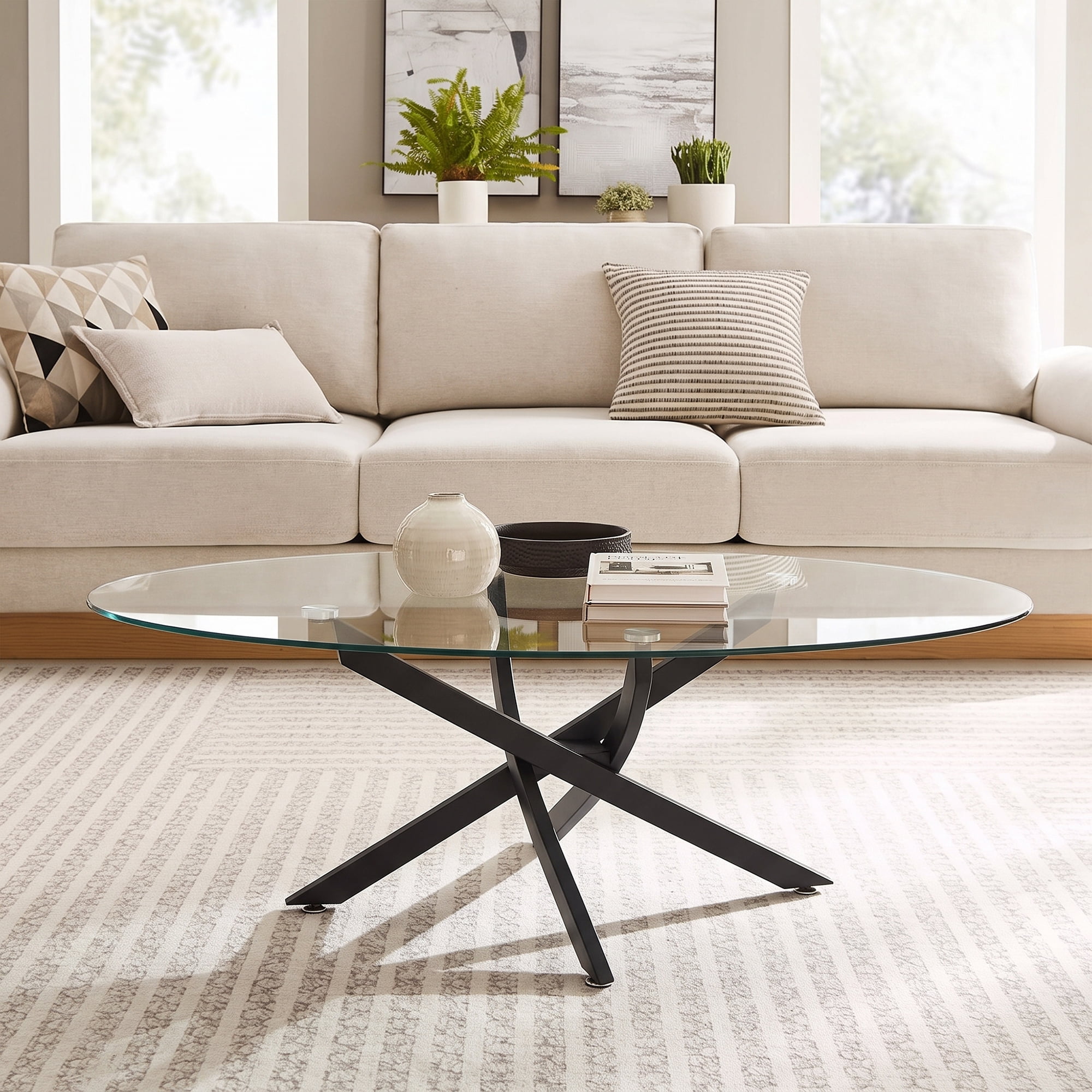 Oval Coffee Table with Tempered Glass Top and Black Metal Legs, Modern Side Table and Tea Table for Living Room, 39.37 Inch, Black