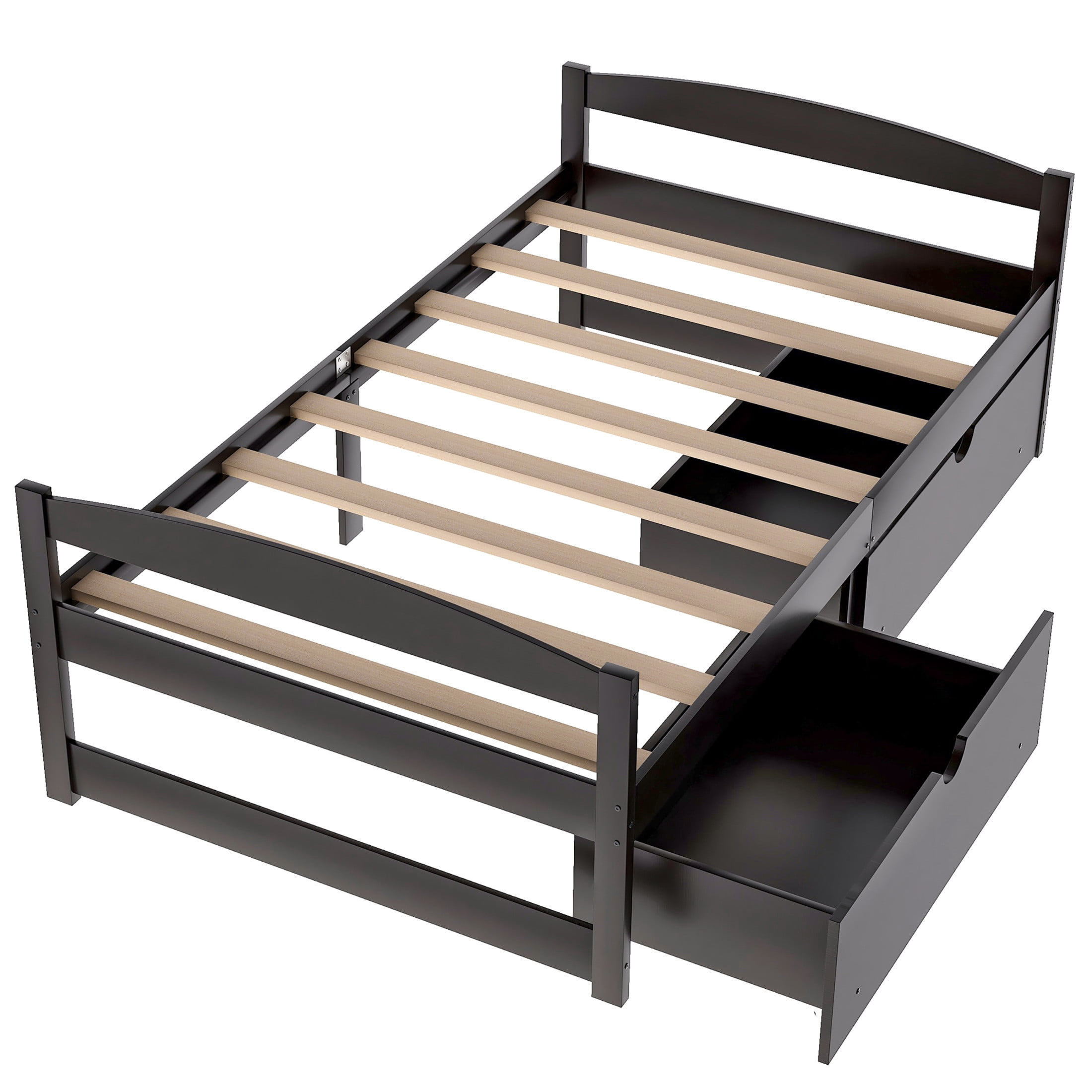 Noble House Arlyn Twin Size Pine Wood Platform Bed with Two Storage Drawers, Minimalist Bed Frame, Espresso