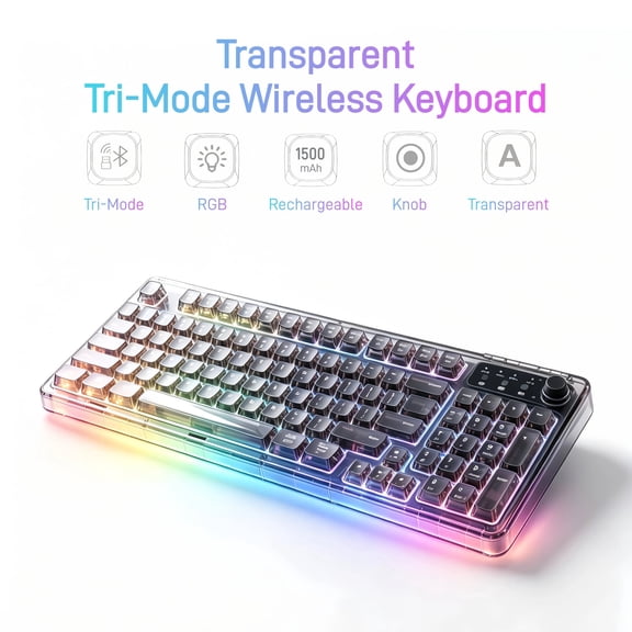 Crystal Transparent RGB Wireless Mechanical Feel Keyboard, 99-Key Tri-Mode Bluetooth 5.0/2.4G/USB-C, Rechargeable Backlit Keyboard with Volume Knob & Number Pad for Home Office & Desk Setup, Black