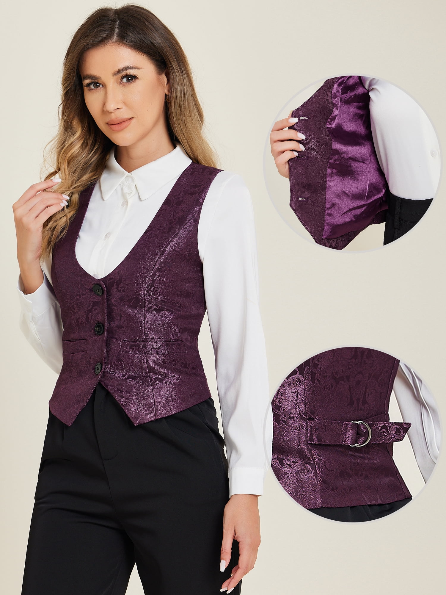 DARING DIVA Women's Button Up Steampunk Jacquard Sleeveless Suit Vest L Dark Purple
