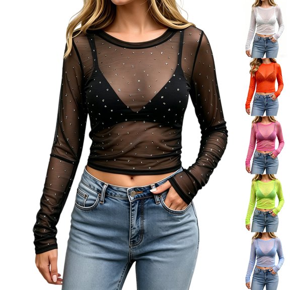 Tshirt Women Kelon Womens Mesh Layering Top Long Sleeve Shirts Mock Neck See Through Tee Shirt, 3XL