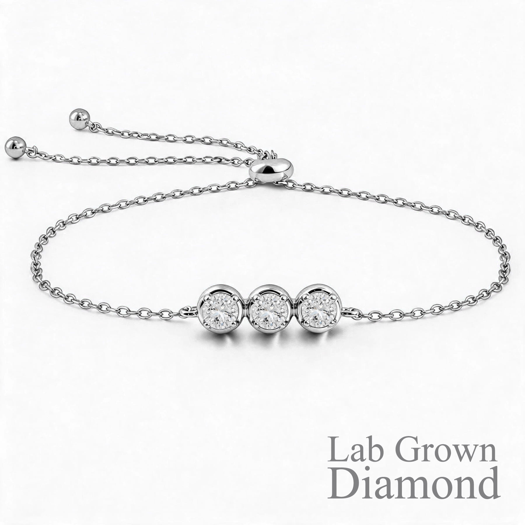 JeenMata Lab Grown Diamond Three Stones Bracelet - Adjustable Slider White Gold Plating Bracelet for Women