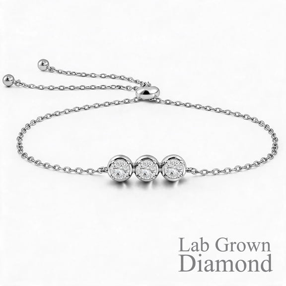 JeenMata Lab Grown Diamond Three Stones Bracelet - Adjustable Slider White Gold Plating Bracelet for Women