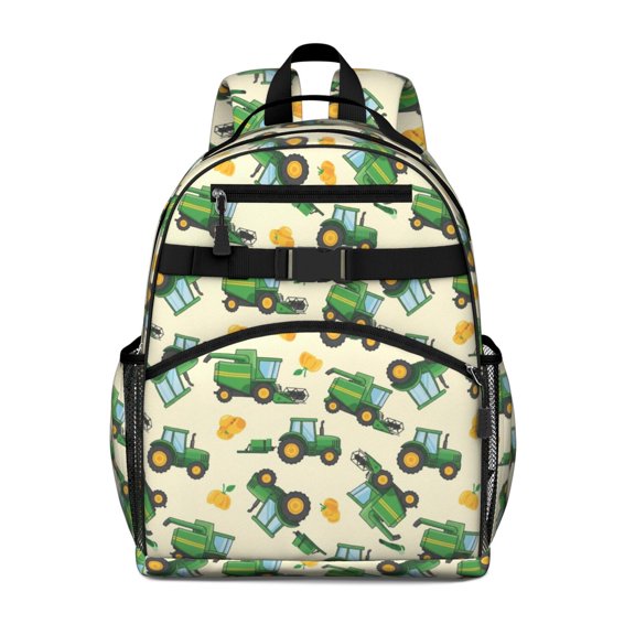 Tractor and Harvesters Cream Pattern Cute School Backpack Bag for School with Padded Back and Adjustable Shoulder Straps 15.25"x11.5"x5.25"