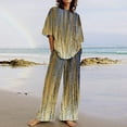 thumbnail image 2 of Atogsazn Summer Lounge Sets for Women Plain Short Sleeve Blouse Wide Leg Pants Cotton Linen 2 Piece Casual Beach Outfits Gold XXXXXL on Clearance, 2 of 6