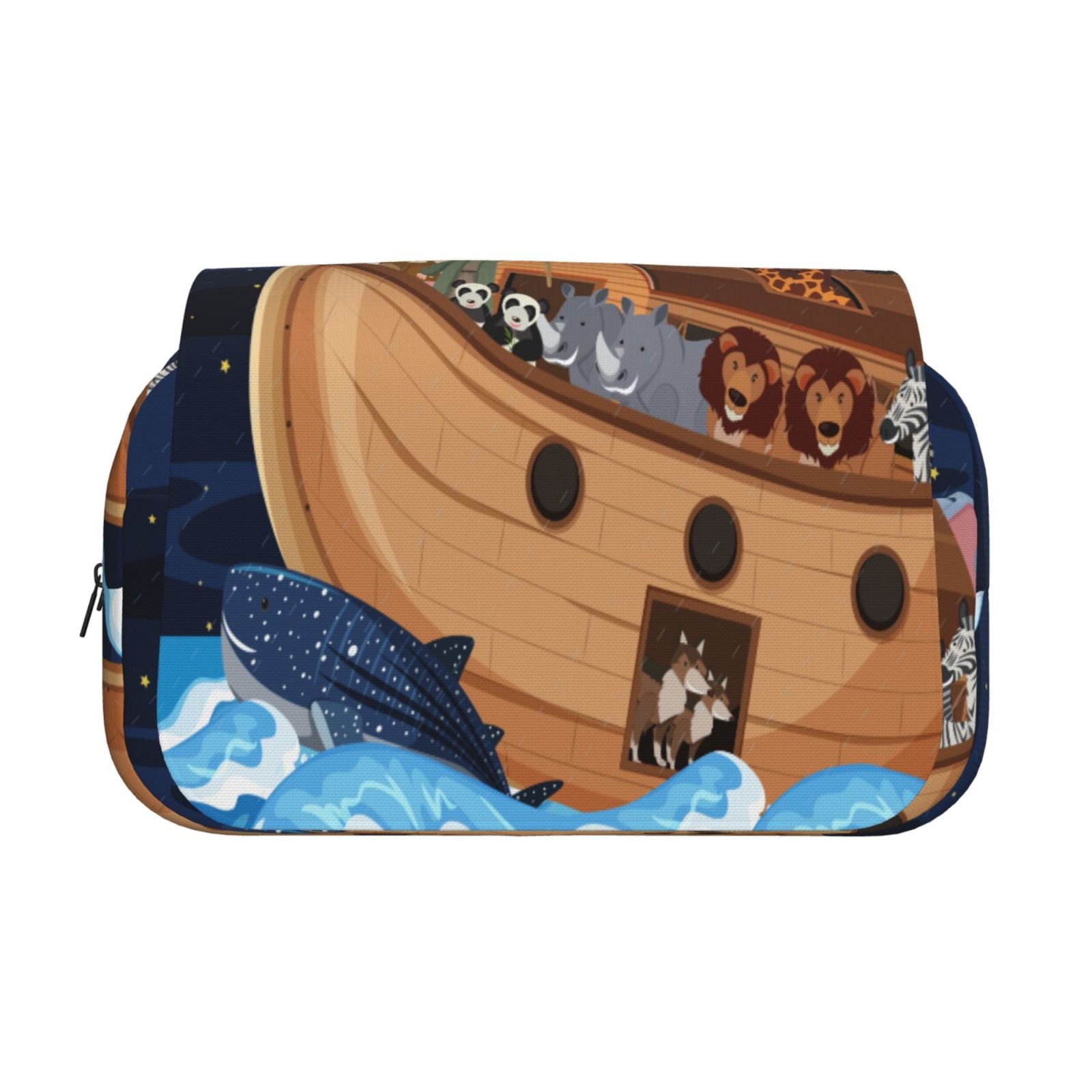 Rateoe Ocean Scene with Noah's Ark Pattern Double Clamshell Pen Case, Storage Organizer with Two Zipper Compartments– Holds Up to 50 Pencils & Pens