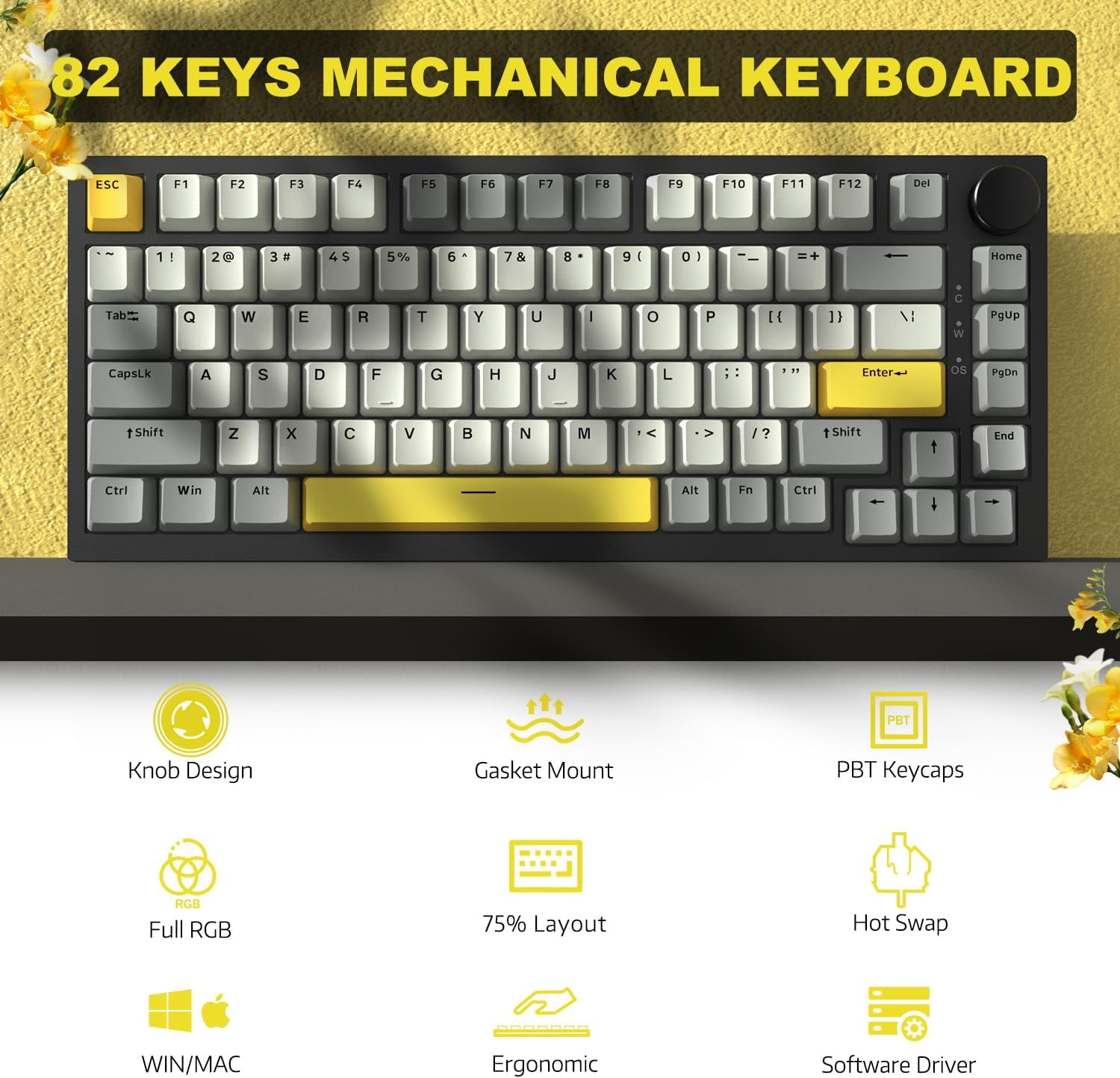 AJAZZ AK820 Mechanical Keyboard with CNC Knob Control, 75% ANSI Layout, 81Keys Gasket Mount Wired Gaming Keyboard, 5 Sound Absorbing Foam Hot-swap for PC, MAC