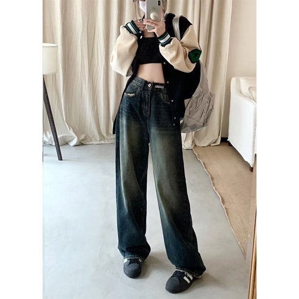 Pantalones vaqueros de estilo Y2K para mujer, Jeans sueltos de nicho con piernas anchas, Pantalones rectos casuales de cintura alta