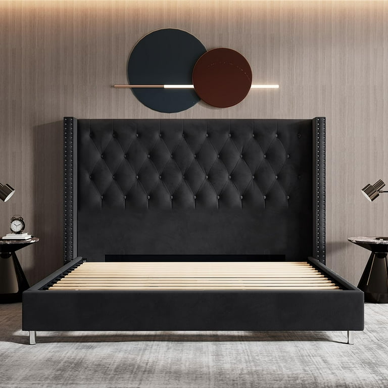 Jocisland Queen Bed Frame, Black Velvet Upholstery, Wingback