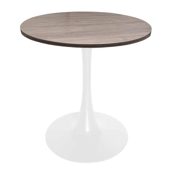 LeisureMod Bristol 27" Round Dining Table with MDF Wood Top and White Steel Pedestal Base for Kitchen and Living Room in Dark Walnut