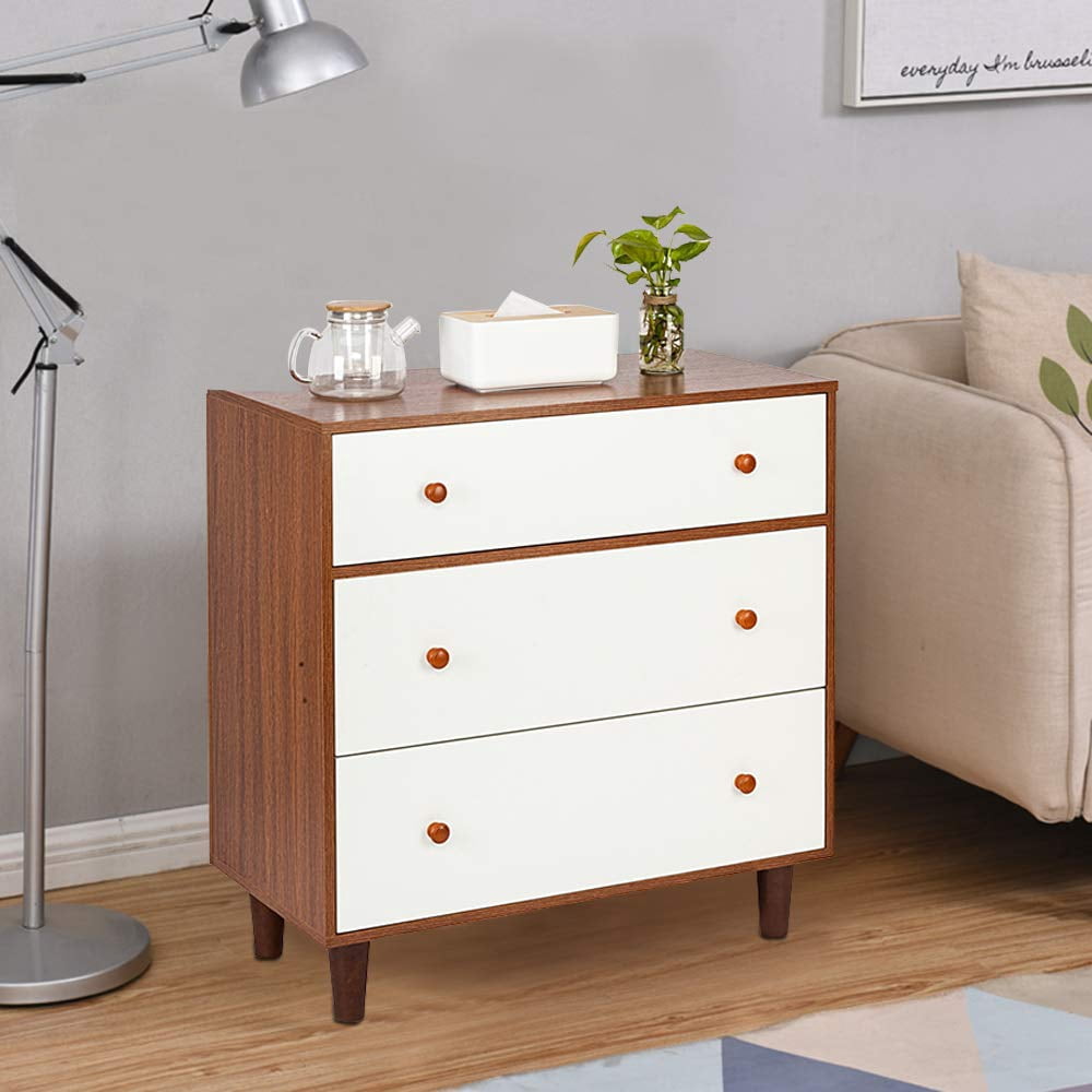 3 Drawer Dresser White/Walnut Bedside Table Tall Wood for