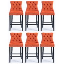 Set of 6 Velvet Dining Bar Chairs Contemporary Velvet Upholstered Barstools with Button Tufted Decoration and Wooden Legs, Luxury Tufted Back with Nailed Trim and Back Ring Pull
