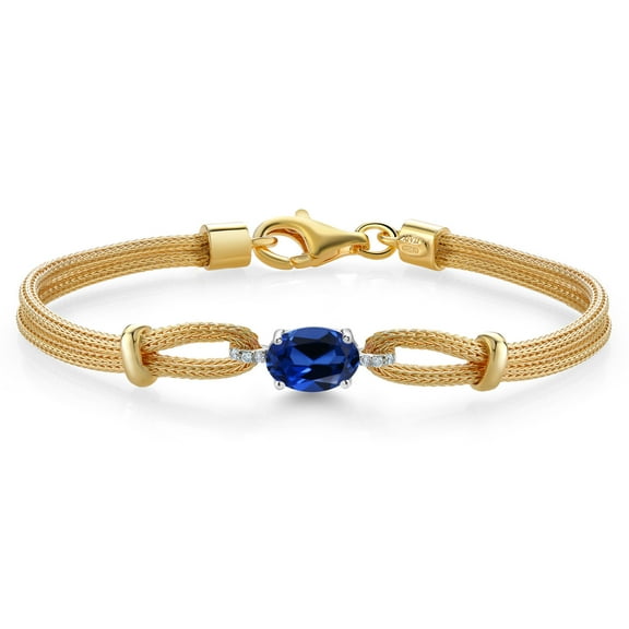 925 Two Tone Sterling Silver Blue Created Sapphire and White Lab Grown Diamond Bracelet for Women (1.64 Cttw, Gemstone September Birthstone, Oval 8X6MM, 6.5/7/7.5 inches, Made in Italy)