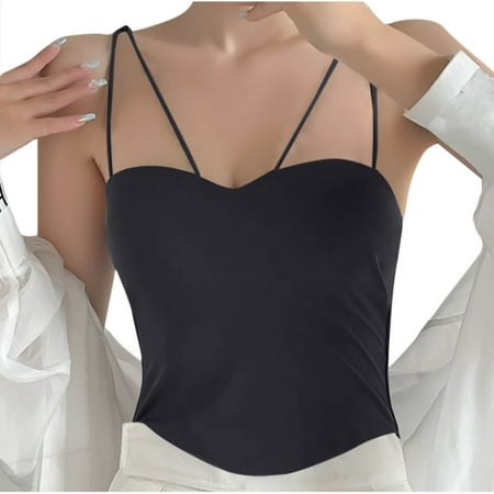 Women s Dual Suspender Tanks Sleeveless T-Shirt Spaghetti Straps Camisole Backless Tube Tops Solid Color Crop Tank Slim Fit Cami Seamless Bodysuit with Built In Bra