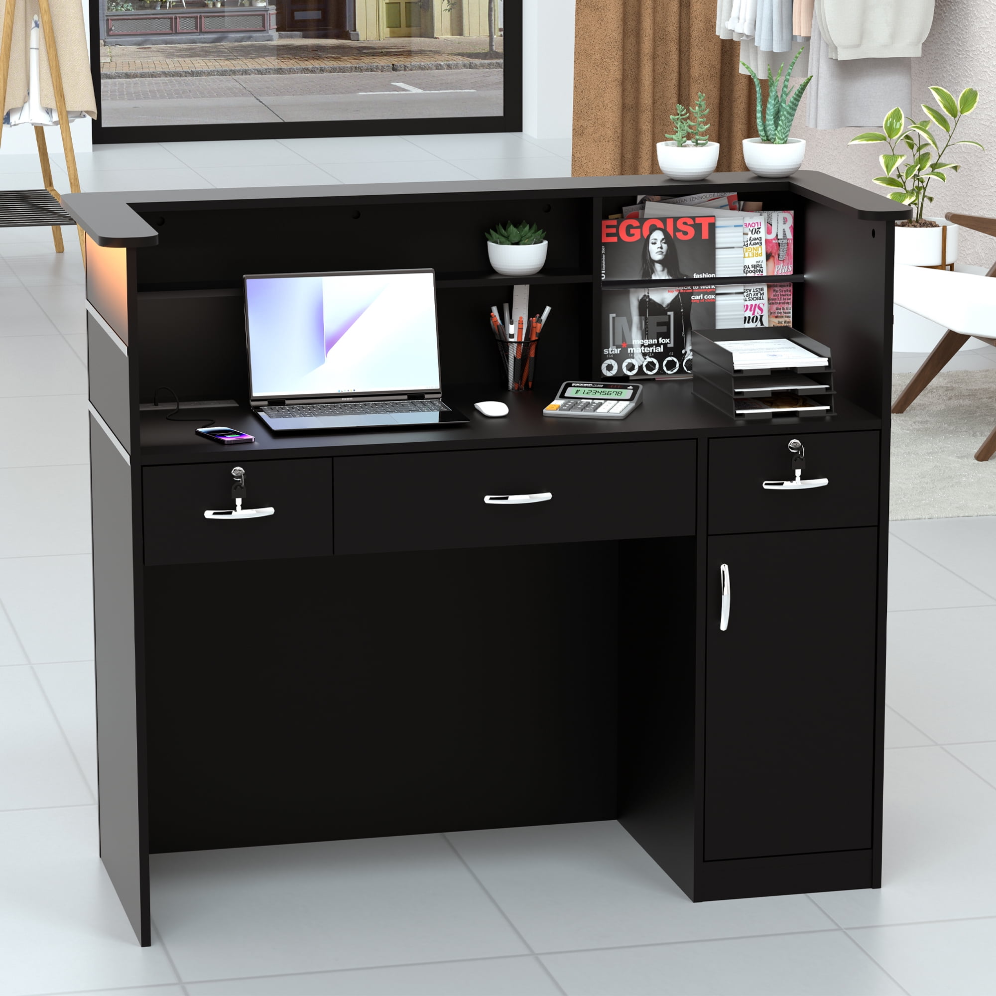 HARIPUL 50-inch Reception Desk with Counter, Front Desk Office Desk with Storage Shelves & LED Lights, Black
