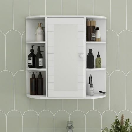 Hassch Bathroom Medicine Cabinet with Single Mirror Door, Wall Mounted Wooden Storage Cabinet with 2 Inner Adjustable Shelves and 6 Open Fixed Shelves, 23.42"L x 6.69"W x 23.22"H, White