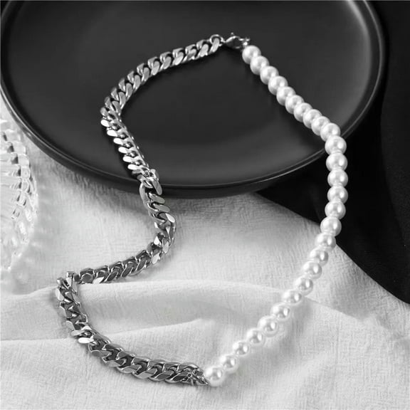 HOOUN Silver Pearl Cuban Link Chain Necklace Punk Rock Hip Hop Jewelry Stainless Steel