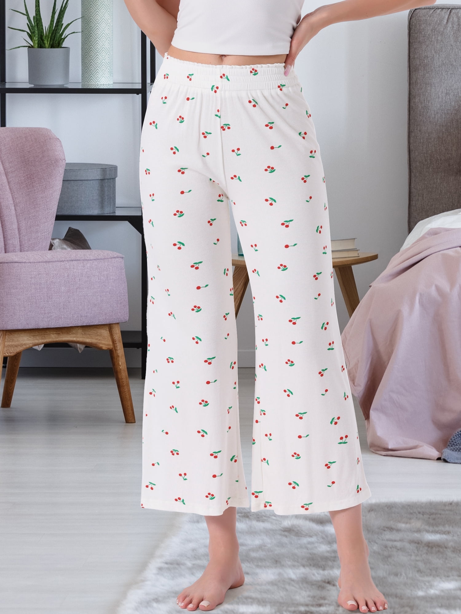 DARING DIVA Women's Palazzo Print Lounge Elastic Waist Loose Wide Leg Pants S White